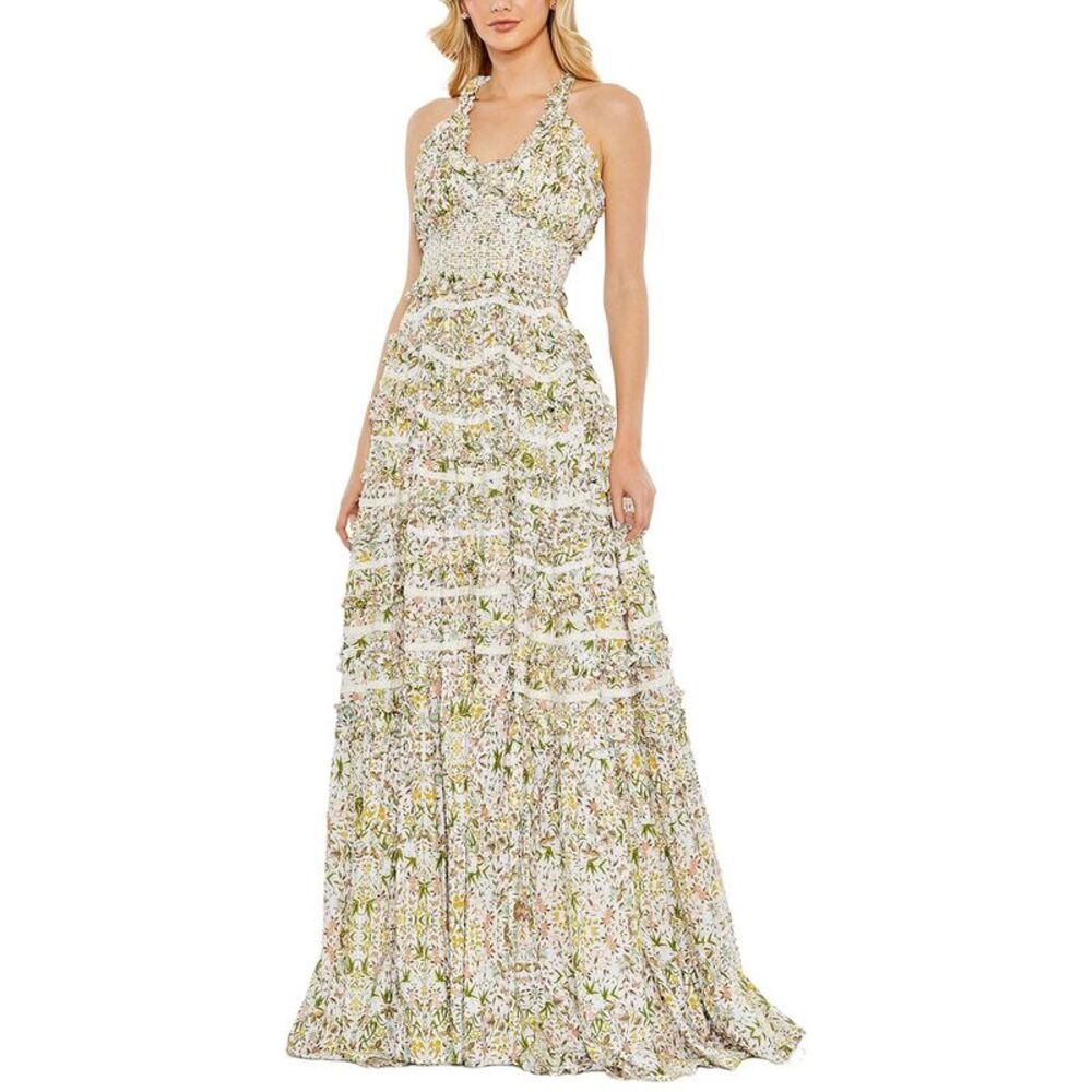 Mac Duggal Womens Floral Ruffle A-Line Gown